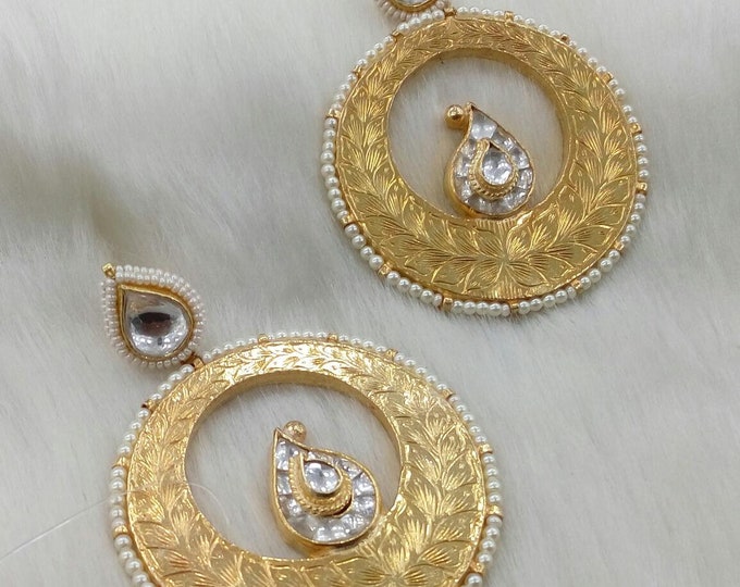 Handmade Kundan Chandbali Earrings, Antique Gold Nakashi Work