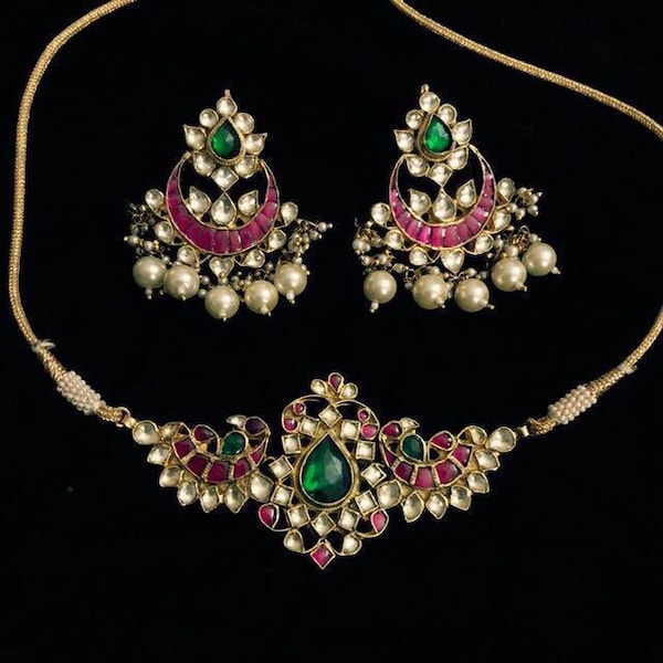 Indian Kundan Jewelry,South Indian Wedding Choker Necklace,Statement Necklace,Gold Finished Sabyasachi Inspired Bridal Choker with Chandbali