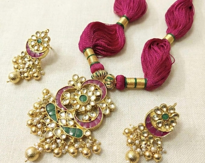 Kundan Jewelry Set: Gold Plated Bollywood Necklace, Chandbali Earrings