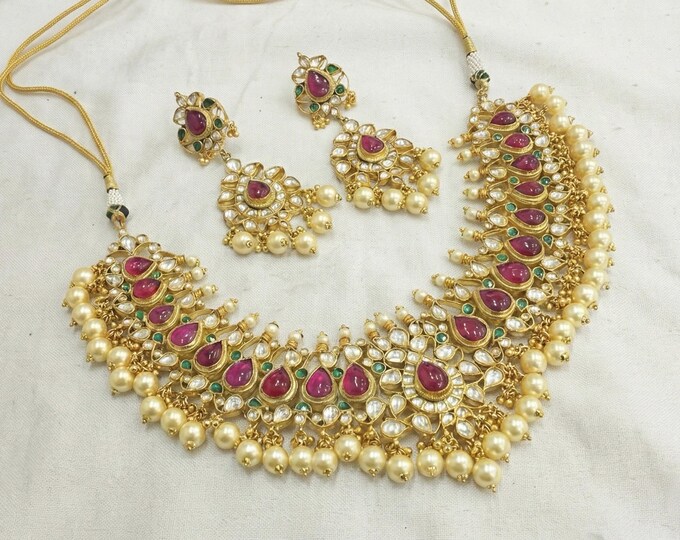Handmade Kundan Choker Necklace Set, 22k Gold Plated Indian Jewelry