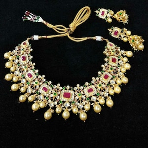 Kundan Jewelry,South Indian Choker Necklace,Kundan Wedding Jewelry,Sabyasachi Necklaces,Gold Plated Bridal Jewelry,Pink Green Choker Set