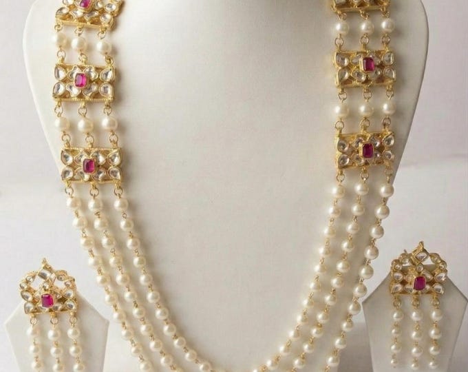 Kundan Pearl Mala Necklace | South Indian Bridal Jewelry Set | Women’s Wedding Accessories