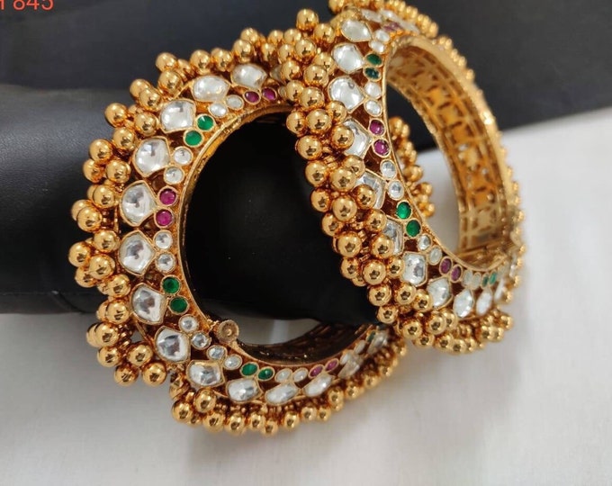 Handmade Kundan Bangle Pair, Gold Finish Indian Wedding Jewelry