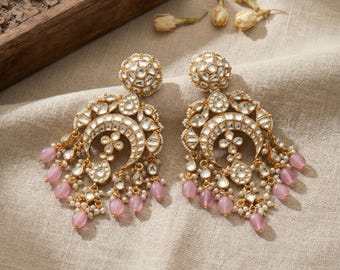 Designer Kundan Earrings | Gold Plated Indian Chandbali | Luxury Bridal Jewellery