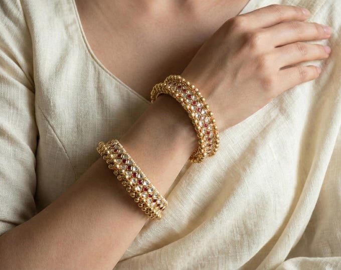 Kundan Bangles, Sabyasachi Inspired Bridal Bracelet, Pink & White Stone, 22k Gold Plated