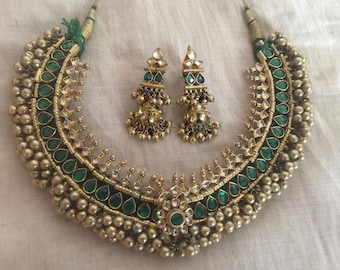 Kundan Choker Necklace Set, Traditional Green Tussi Style, Indian Ethnic Jewelry, Antique Gold Finish