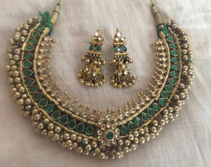 Kundan Choker Necklace Set, Traditional Green Tussi Style, 925 Silver Jewelry, Antique Gold Finish