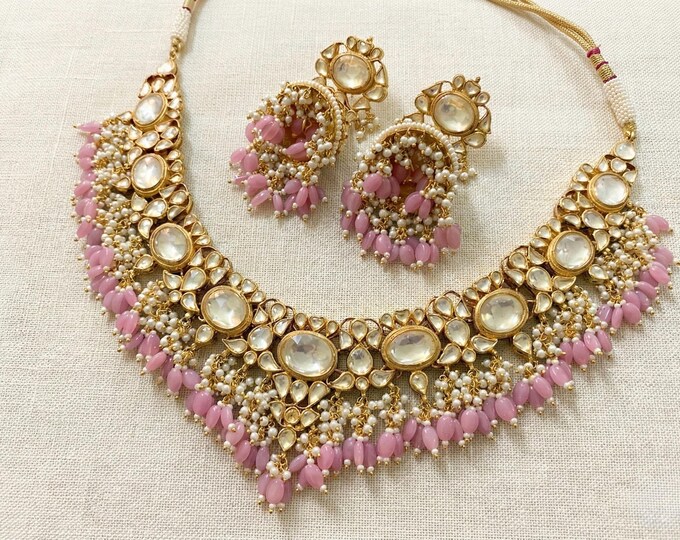 Handmade Kundan Bridal Jewelry Set, 22K Gold Plated, Pink Beads