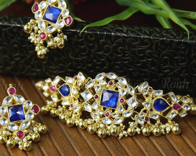 Handmade Gold Plated Kundan Choker Necklace Set, Indian Bridal Jewelry