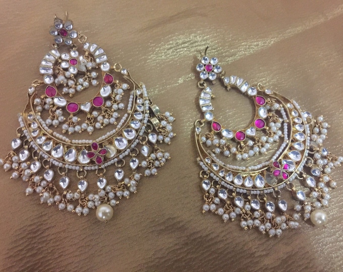 Handmade Kundan Chandbali Earrings, Gold Plated Polki, Indian Jewelry
