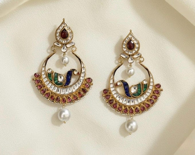 Handmade Kundan Chandbali Earrings, Indian Bridal Peacock Jewelry