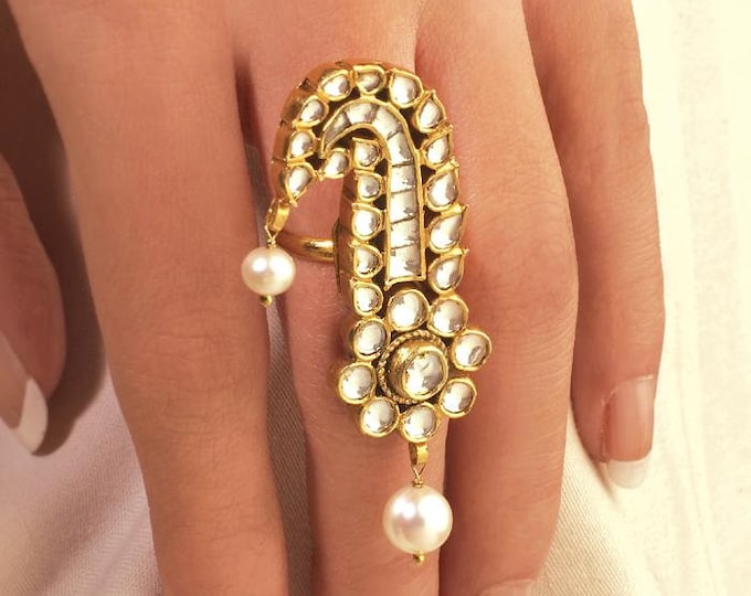 Kundan Wedding Ring, Gold Plated Bridal Statement Ring