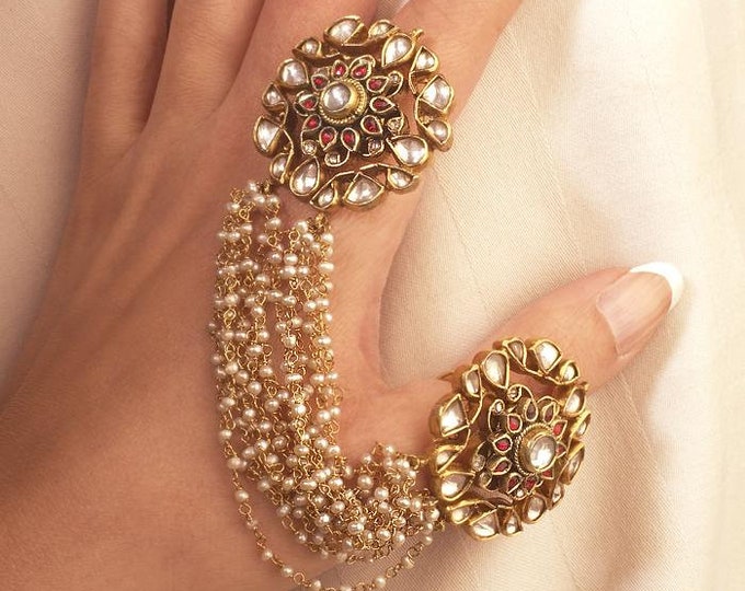 Handmade Kundan Bridal Ring, Pearl Linked, Adjustable