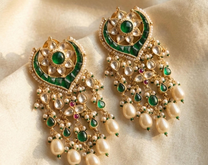 Handmade Green Kundan Chandbali Earrings, Gold Plated Indian Bridal Jewelry