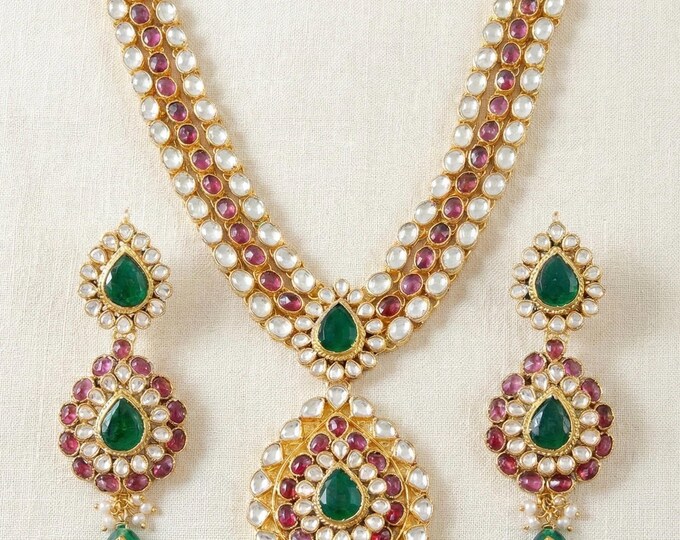 Kundan Jewelry Set, 22K Gold Plated, Emerald Green, Bridal Necklace and Earrings