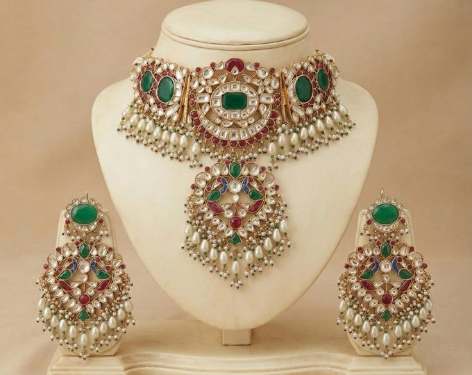 Kundan Choker Necklace Set, Indian Bridal Jewelry, Gold Plated Earrings