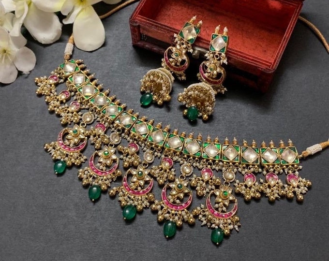 Handmade Kundan Choker Necklace, Statement Chandbali Earrings, Indian Jewelry Set