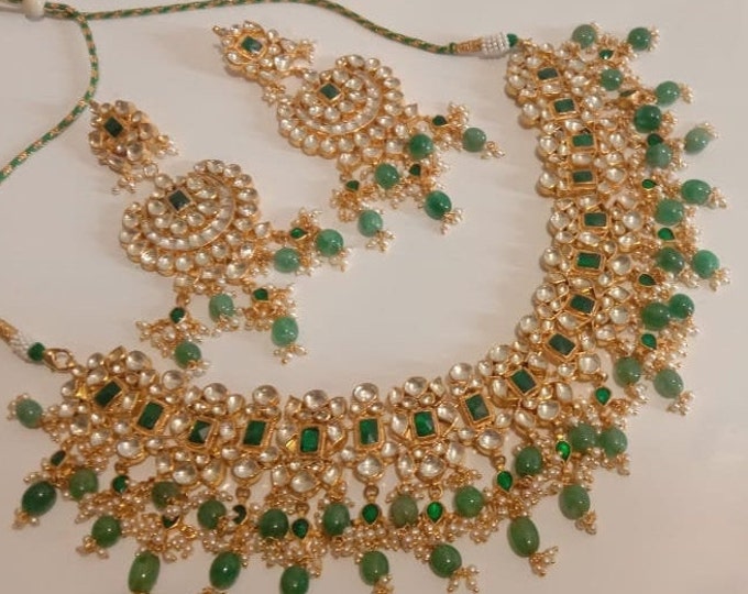 Kundan Choker Necklace with Chandbali Earrings, Green Indian Bridal Jewelry