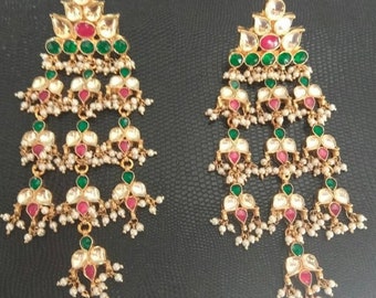 Kundan Earrings,Fashion statement Earrings,Kundan Jewelry,South Indian Earrings,Green and Pink Color Earring,Women’s Gift for Christmas