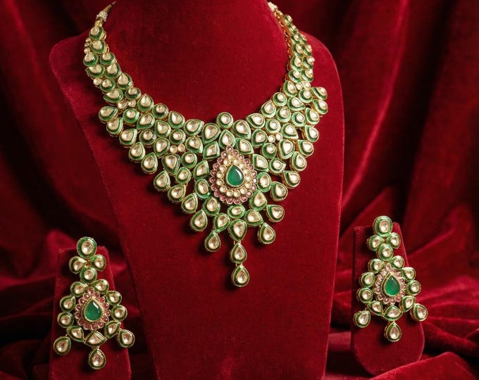 Handmade Kundan Choker, Indian Bridal Jewelry Set, Green Enamel