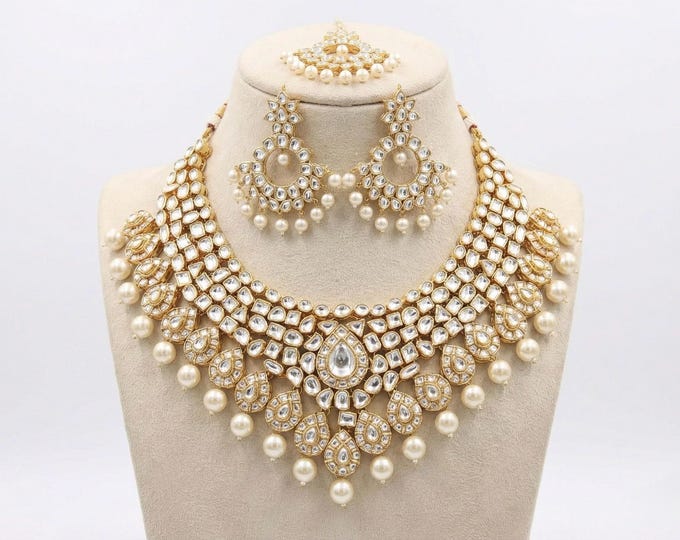 Handmade Kundan Bridal Necklace Set – 22K Gold Plated Indian Wedding Jewelry with Pearl Earrings