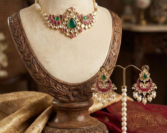Handmade Kundan Choker Necklace with Chandbali Earrings, 22K Gold Plated South Indian Jewelry