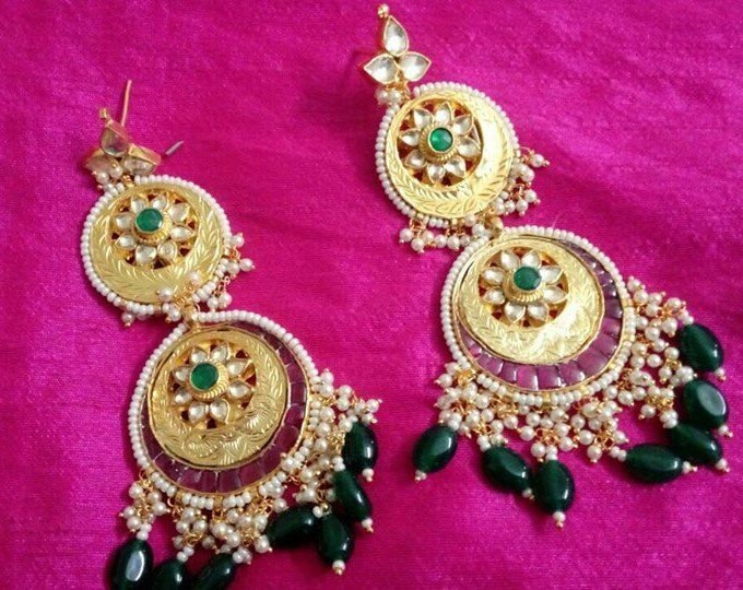 Kundan Chandbali Earrings, Gold Tone Indian Bridal Jewelry