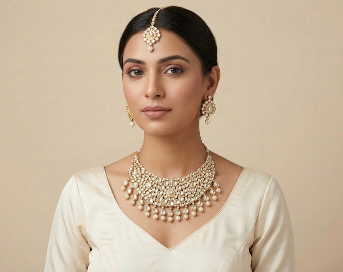 Handmade Kundan Bridal Necklace, Indian Wedding Jewelry, 22K Gold Plated