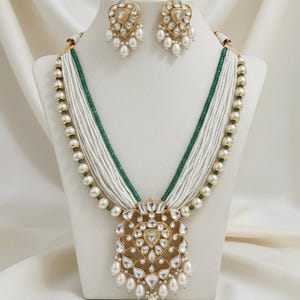 Kundan Jewelry Necklace & Earrings, Multi-layered Pearl String, Indian Wedding