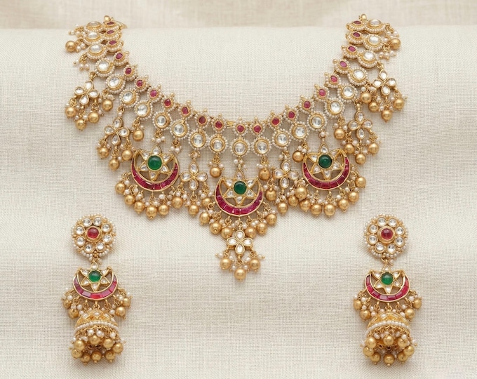 Kundan Choker Necklace Set | Indian Wedding Jewelry | Handmade Chandbali Earrings
