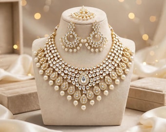 Handmade Kundan Bridal Necklace Set – 22K Gold Plated Indian Wedding Jewelry with Pearl Earrings