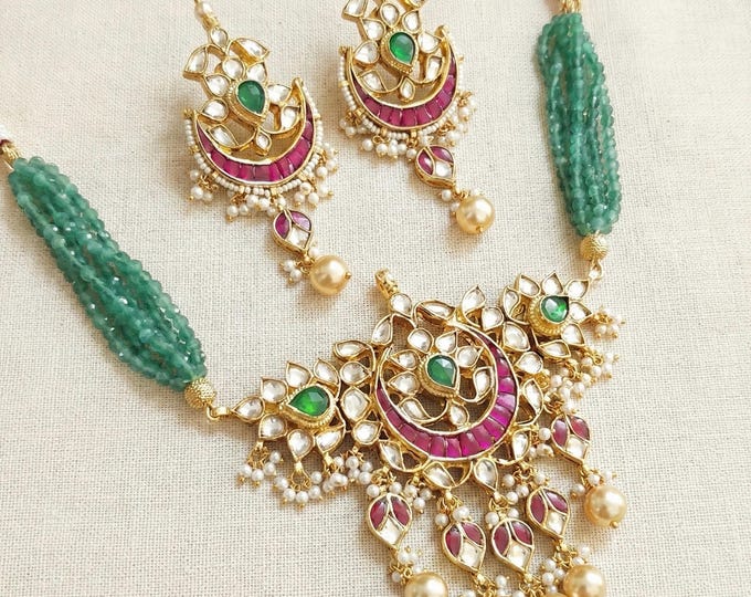 Kundan Choker Set | Emerald Green Beaded Necklace, Chandbali Earrings