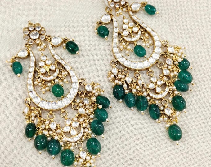 Handmade Kundan Chandbali Earrings, Indian Bridal Jewelry