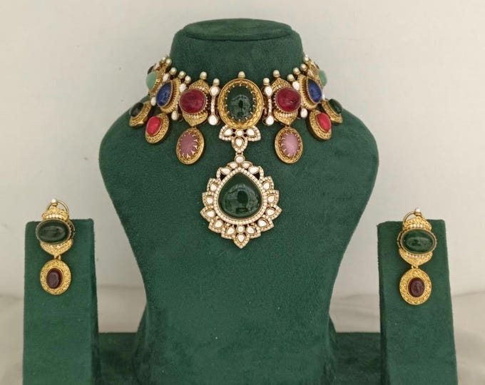 Kundan Choker Necklace Set, Gold-Finished Indian Jewelry