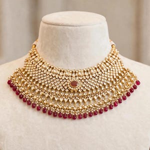 Red Kundan Bridal Choker Set - Ruby Red Indian Wedding Jewelry Set, Kundan Necklace Earrings Maang Tikka