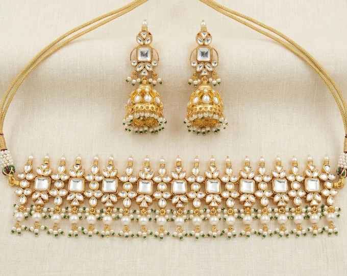 Handmade Kundan Choker Necklace, Jumkhi Earrings, Indian Wedding Jewelry