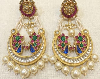 Handmade Kundan Chandbali Earrings, Gold Plated Indian Jewelry