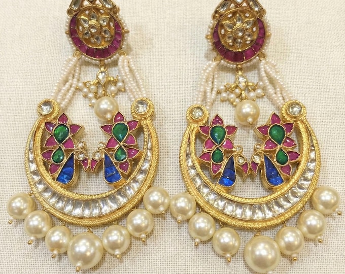 Handmade Kundan Chandbali Earrings, Gold Plated Indian Jewelry