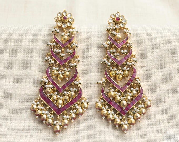 Handmade Kundan Chandbali Earrings, Gold Plated Indian Jewelry