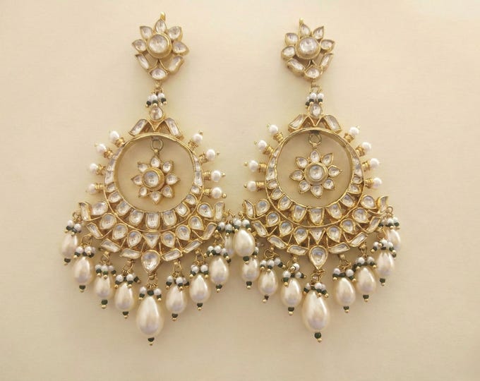 Handmade Kundan Chandbali Earrings, Gold Plated Indian Jewelry