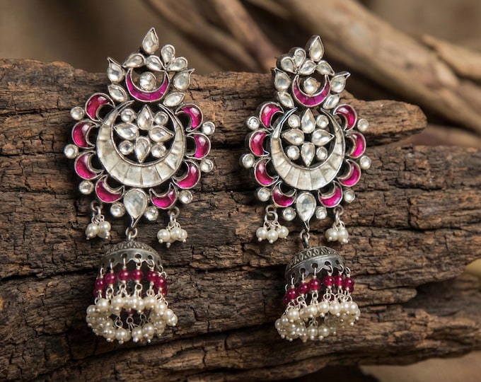 Silver Kundan Chandbali Earrings, Indian Wedding Jewellery