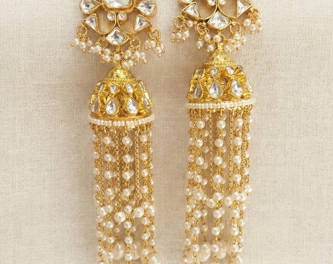 Handmade Kundan Jumkhi Earrings, Gold Plated Pearl Dangler, Bollywood Jewelry