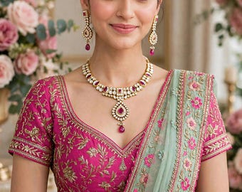 Collar gargantilla Kundan con pendientes, conjunto de joyería india chapada en oro