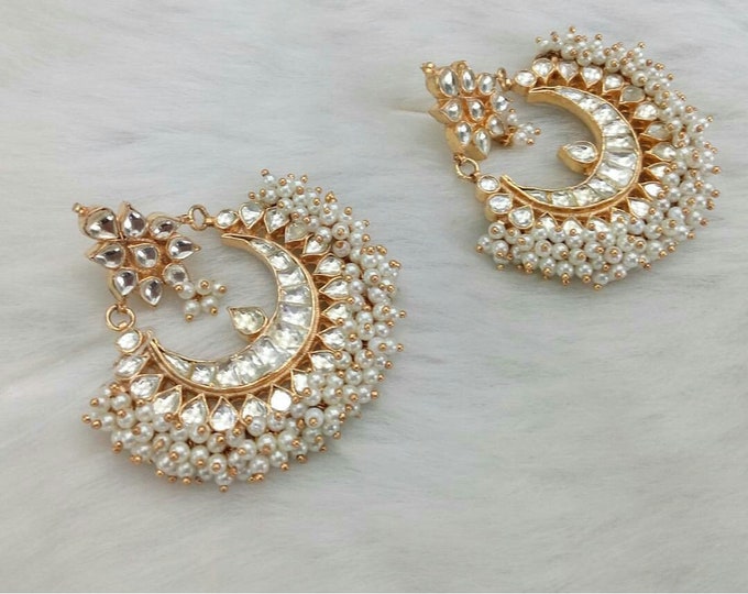 Gold Tone Kundan Chandbali Earrings, Traditional Indian Jewelry