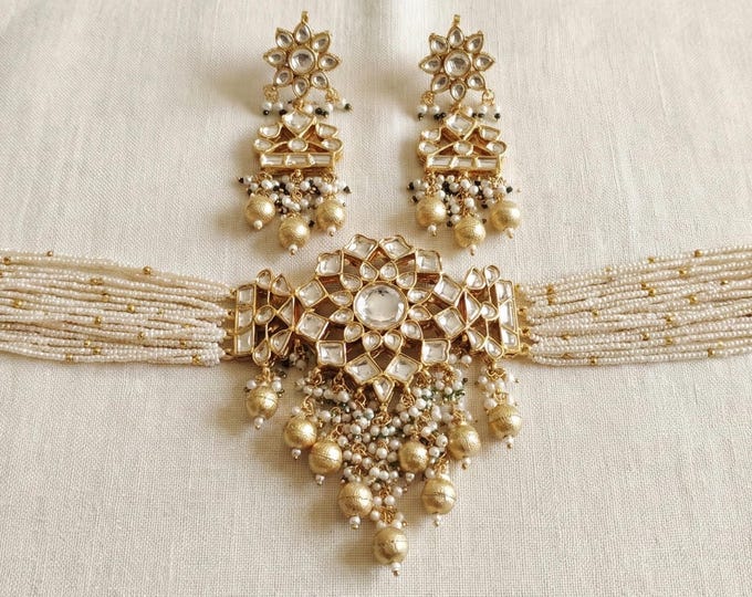 Handmade Kundan Choker Necklace, Gold Plated Ethnic Jewelry Set