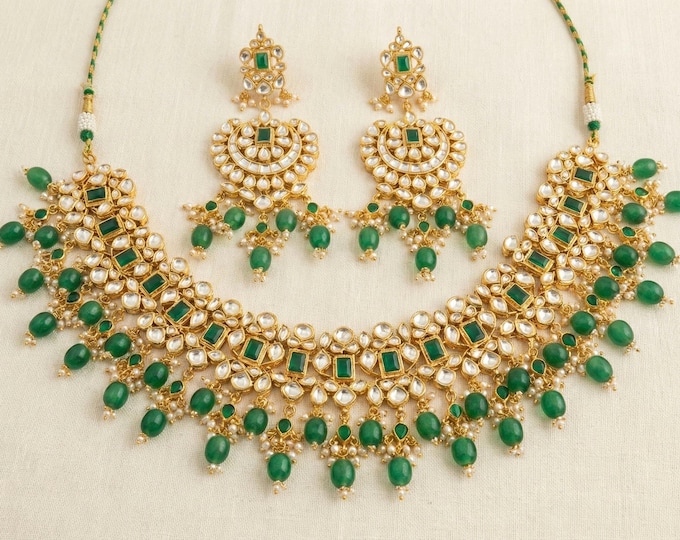 Kundan Choker Necklace with Chandbali Earrings, Green Indian Bridal Jewelry