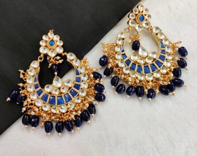 Handmade Kundan Chand Bali Earrings, Gold Plated Indian Bridal Jewelry
