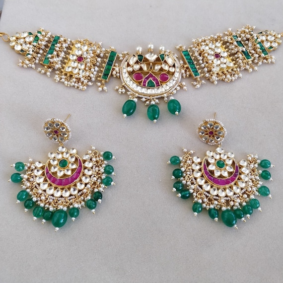 Indian Gold Plated Bollywood Emerald Jewelry Set Enamel Choker Necklace Set