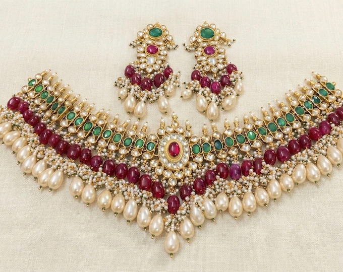 Handmade Kundan Choker Necklace Set, 22K Gold Plated, South Indian Bridal Jewelry