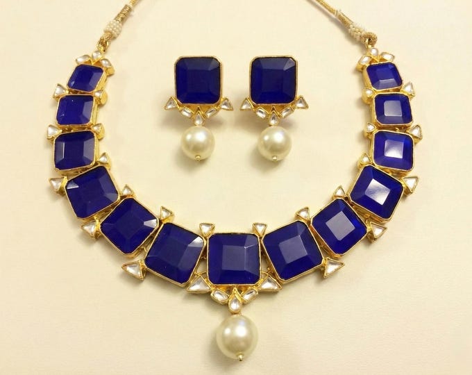 Gold Finish Kundan Jewelry Set Blue Color Choker Necklace Statement Jewellery Piece for Women